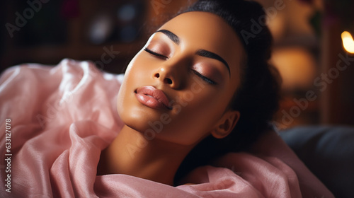 Elegance in Relaxation: An image showcasing a poised lady, her eyes closed in tranquility, as skilled hands expertly administer a spa treatment, enveloping her in a cocoon of relax  photo