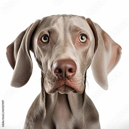 Isolated Weimaraner Dog with Visibly Sad Expression on White Background - Stock Image