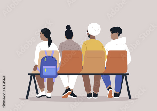 The rear view of a line of diverse individuals seated on a bench