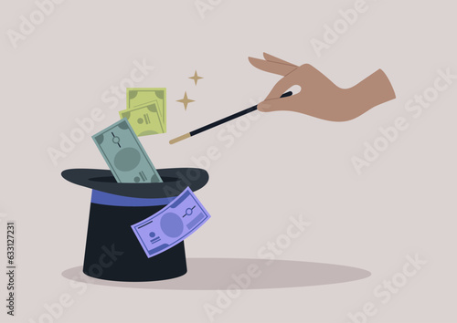 A hand performs a mesmerizing feat with a magic wand, conjuring a captivating spectacle as a stream of money magically materializes from within the cylinder hat