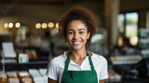 A cheerful young woman working as a cashier at a supermarket. 