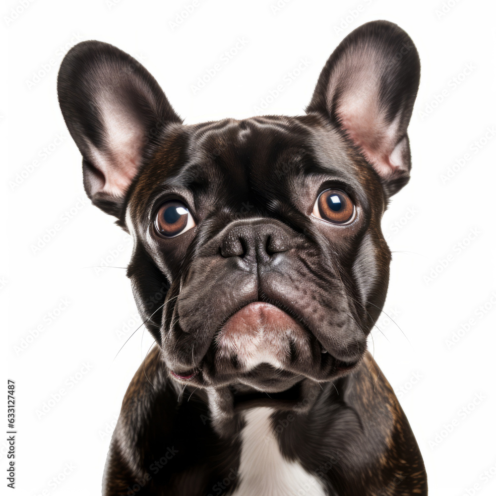 Isolated French Bulldog Portrait with Confused Tilted Head on White Background