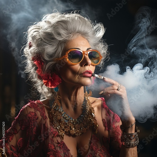 Beautiful stylish woman smokes cannabis or marijuana. An elegant woman with gray hair in bright clothes and jewelry with a hemp cigarette in her hands.