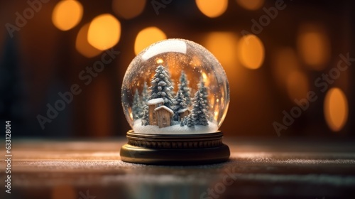 Crystal Snowball with Christmas Tree in it  in front of Christmas Bokeh Background With Copy Space. Postcard. Banner. Merry Christmas. Happy New Year. Eve.