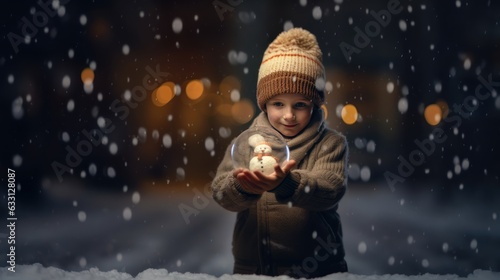 Happy Child Holding a Christmas Crystal Snowball with Snowman in it, in front of Christmas Bokeh Background With Copy Space. Postcard. Banner. Merry Christmas. Happy New Year. Eve.
