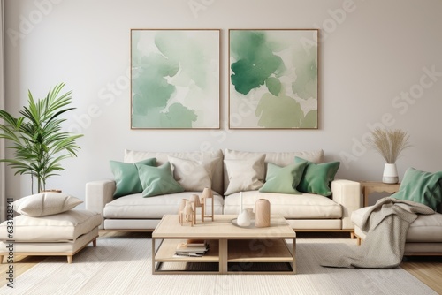 The living room is a cheerful and luminous space with a fashionable sofa, comfortable pillows, a coffee table, attractive mock up poster frames, decorative items, furniture, and personal accessories