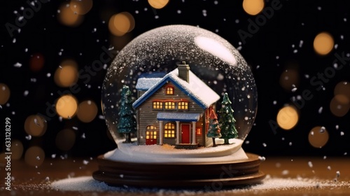 Snow globe with christmas tree and house on bokeh background