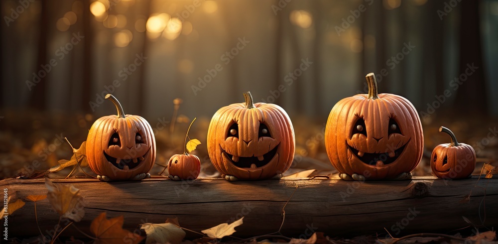 Fototapeta premium Funny halloween pumpkins on scary background. Illustrations perfect for tickets, flyers, advertising, etc.