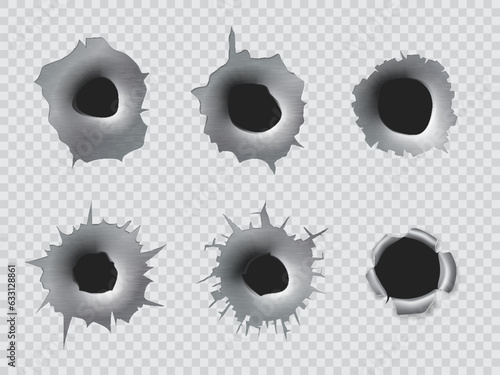 Realistic bullet holes from gun shot, bullet target cracks on metal, isolated vector. Gunshot or rifle bullet holes torn from military fire weapon, shooter damage holes on wall transparent background