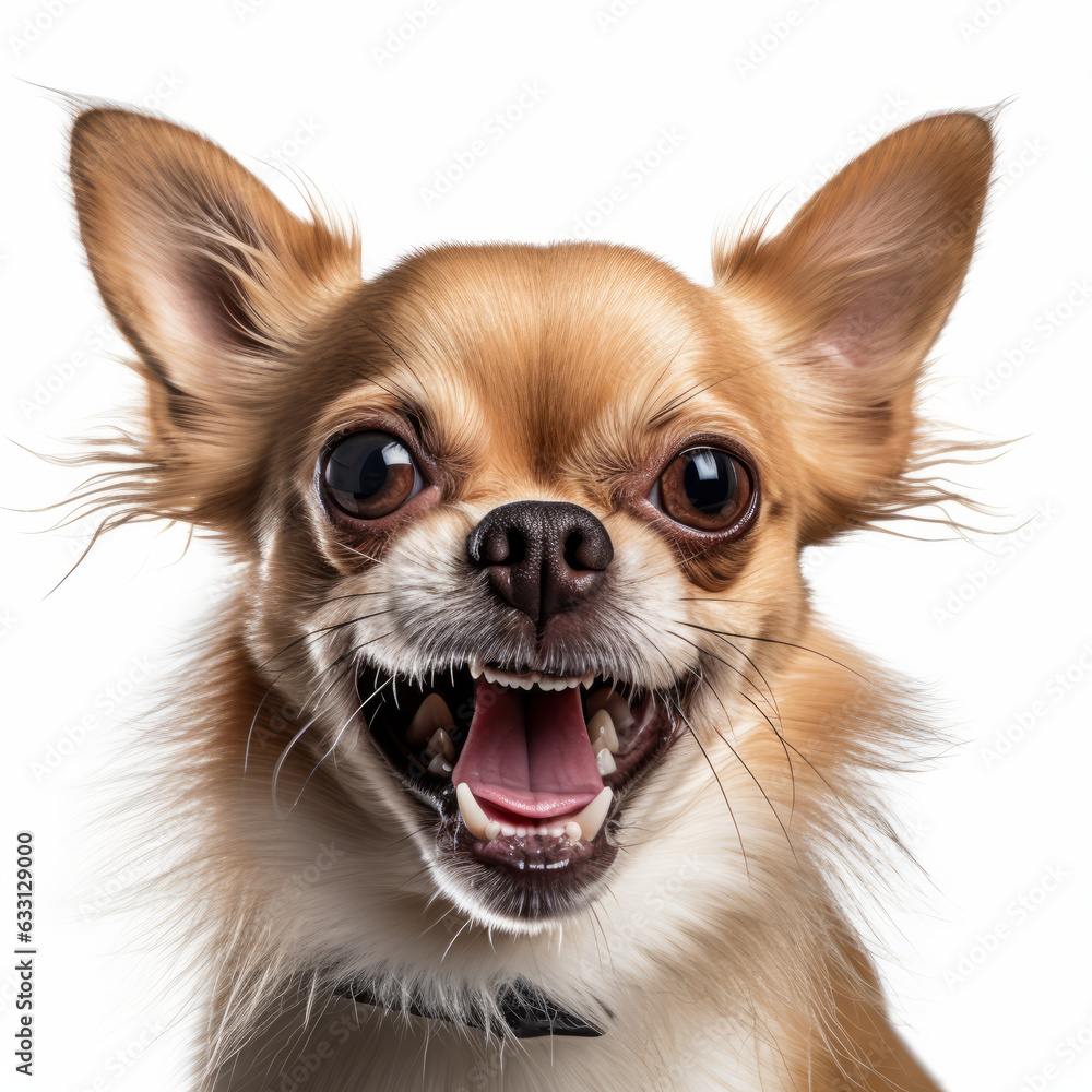 Angry Chihuahua Dog Growling Aggressively on White Background