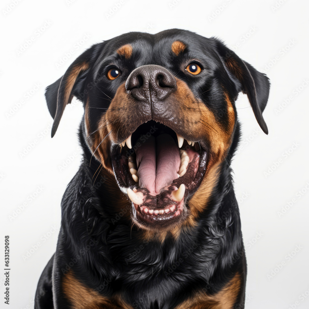 Angry Rottweiler Dog Growling Aggressively on White Background Angry Rottweiler Dog Growling Aggressively on White Background