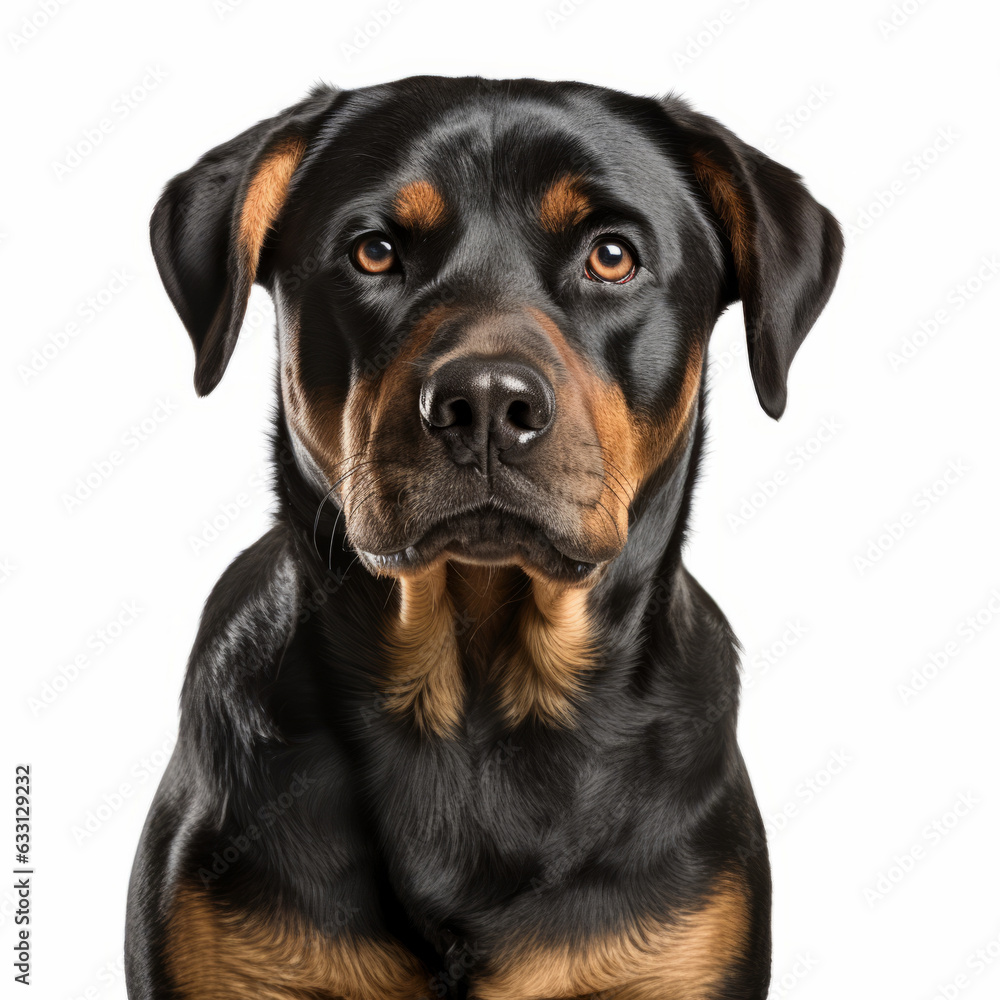Isolated Rottweiler Dog with Visibly Sad Expression on White Background