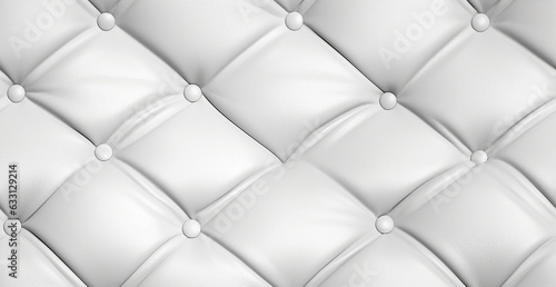 White leather upholstery. Close-up texture of genuine leather with white rhombic stitching. Luxury background. Sofa close up. White leather texture with buttons for pattern and background., digital ai