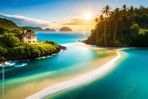 Sand dunes on the beach at sunset beautiful tropical island with palm trees and beach panorama illustration....