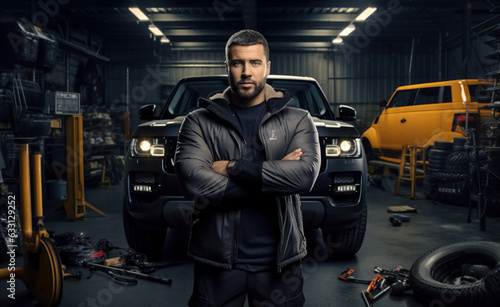 A happy male aut mechanic standing in front of a car. Repair man in car repair shop with arms crossed in workshop. Car mechanic and confident man, professional, mature mechanic in small business, ai
