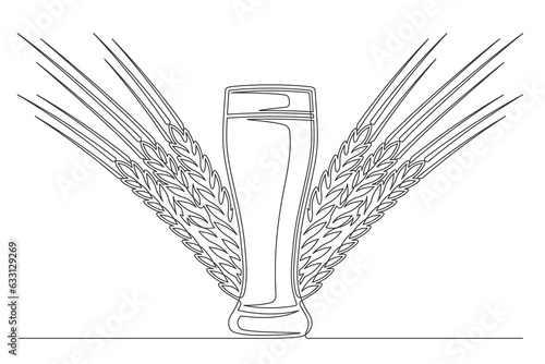 Continuous one line beer glass with spikelet. Vintage glass with spikelet isolated on a white background. Beer brewer concept. Vector illustration