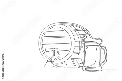 Continuous one line barrel keg with mug . Vintage barrel keg with mug isolated on a white background. Beer brewer concept. Vector illustration