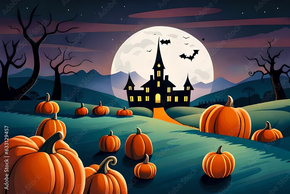 kids illustration, spooky halloween scene with ghosts pumpkins bats and old h ouse in background, cartoon style, thick lines, low detail, vivid color 