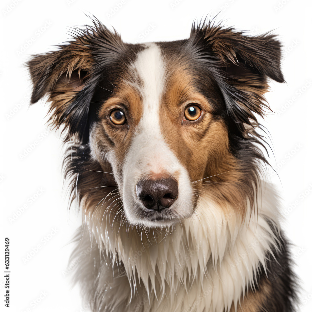 Isolated Collie Dog with Visibly Sad Expression on White Background