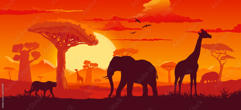 African sunset landscape with safari animals silhouettes. Vector background with elephant, giraffe, hippo and cheetah at dusk savannah scenery nature with birds in red sky, sun and plant shadows African sunset landscape with safari animals silhouettes. Vector background with elephant, giraffe, hippo and cheetah at dusk savannah scenery nature with birds in red sky, sun and plant shadows