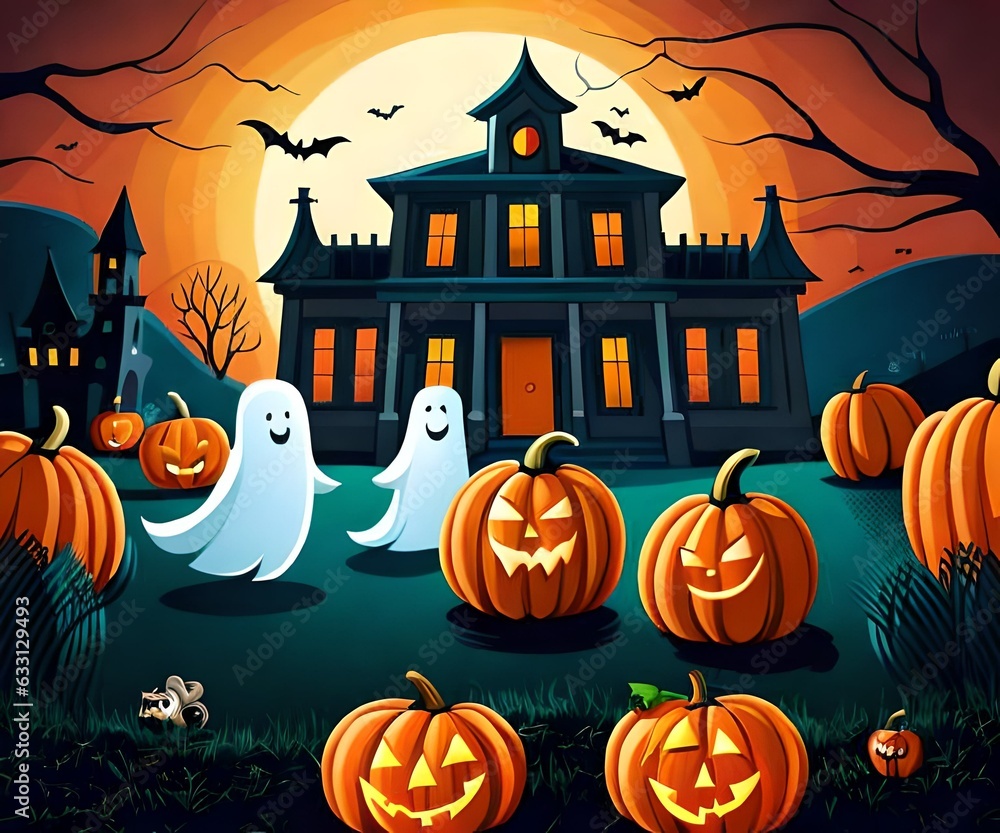 kids illustration, spooky halloween scene with ghosts pumpkins bats and old h ouse in background, cartoon style, thick lines, low detail, vivid color 