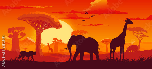 African sunset landscape with safari animals silhouettes. Vector background with elephant, giraffe, hippo and cheetah at dusk savannah scenery nature with birds in red sky, sun and plant shadows