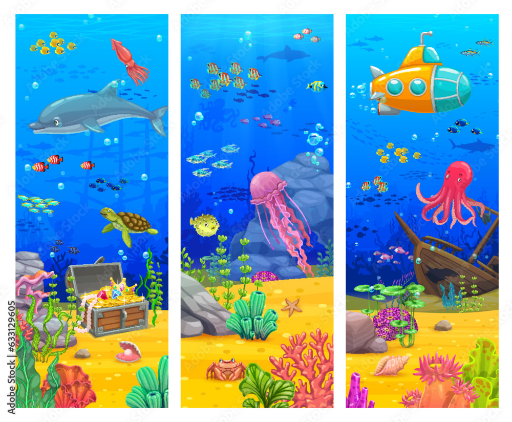 Cartoon underwater landscape banners with sea fishes and ocean animals ...