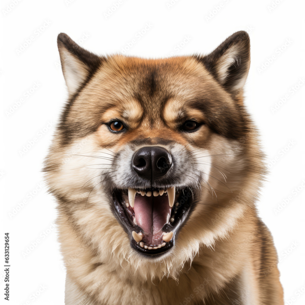 Angry Akita Dog Growling Aggressively on White Background