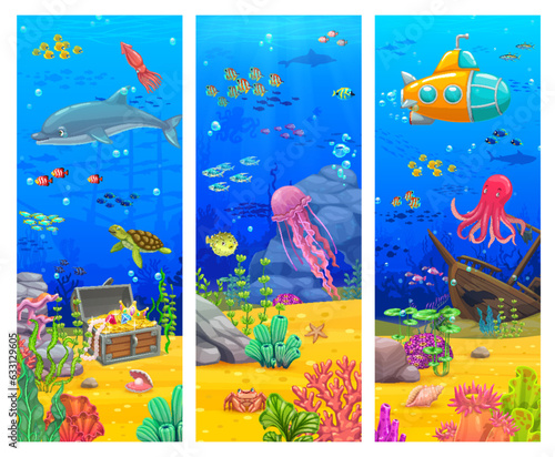 Cartoon underwater landscape banners with sea fishes and ocean animals, vector undersea background. Dolphin, turtle and jellyfish, sunken ship or submarine bathyscaphe and treasure chest in underwater
