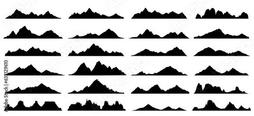 Black rock  hill and mountain silhouettes  vector landscape with rocky ranges  snow peaks and ridges. Mountain skyline nature landscape of outdoor adventure  hiking or climbing sport  camping  tourism