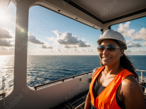 Portrait of the female oil worker in an orange vest on a sea oil rig