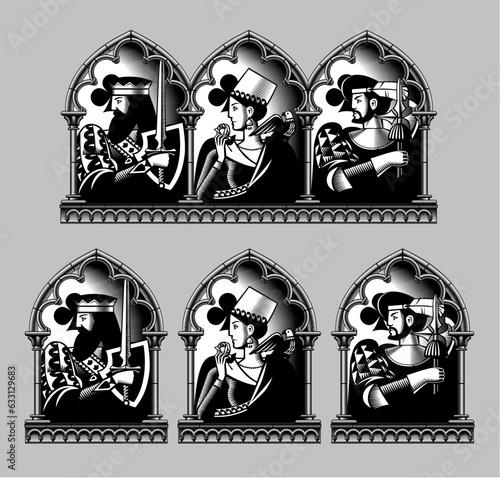 Black and white vintage engraved drawing of Clubs Playing cards characters in a gothic frame. Vector illustration