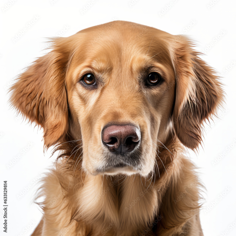 Isolated Golden Retriever Dog with Visibly Sad Expression on White Background