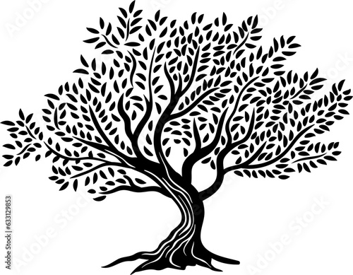 Olive tree isolated silhouette icon with leaves and branches. Olive oil of mediterranean cuisine food vector label with black wood, crown and trunk. Greek, italian, spanish cuisine symbol, farm emblem
