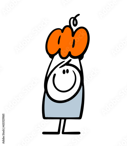 Cheerful stickman holds a large ripe pumpkin over his head and shows off the harvest. Vector illustration of a vegetable for Halloween or Thanksgiving.