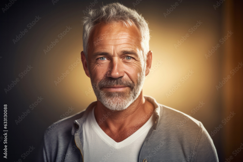Portrait of adult man with kind blue eyes in age of 50s in sunny daylight. Diverse age concept Portrait of adult man with kind blue eyes in age of 50s in sunny daylight. Diverse age concept
