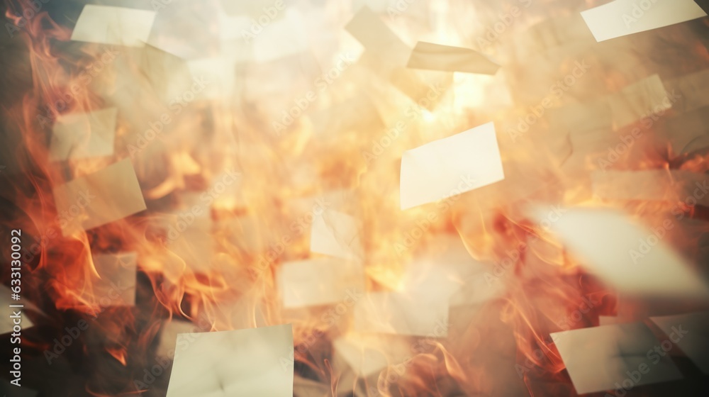 Naklejka premium Chaotic abstract of paper sheets on fire, long exposure film burn effect, flaming red hot high contrast background, dramatic intense orange and red lighting, bokeh blur - generative AI
