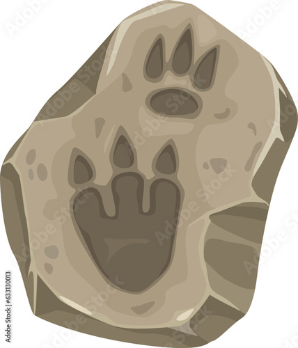 Ancient dinosaur footprint in fossil stone, dino foot silhouette cartoon vector. Archeology print trace of dinosaur paw or Jurassic lizard and monster reptile footprint track in rock with three claws
