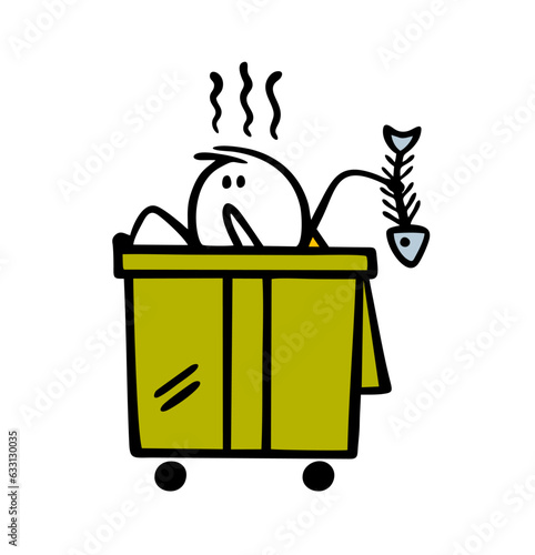 Cartoon homeless, hungry stickman climbed into a trash can in search of leftovers. Vector illustration of an unhappy unemployed character.