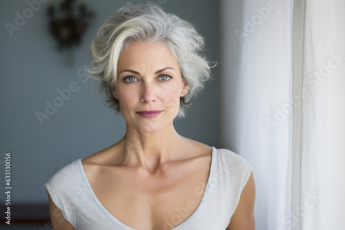 Portrait of pretty adult white woman in age of 50s at home interior in daylight. Active age concept