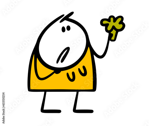 Disgruntled fat woman is thinking about a diet and holding a green broccoli in her hand. Vector illustration of a sad female stickman and healthy vegetable food.