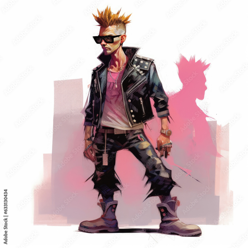 Digital illustration of a punk man in a leather jacket and sunglasses.