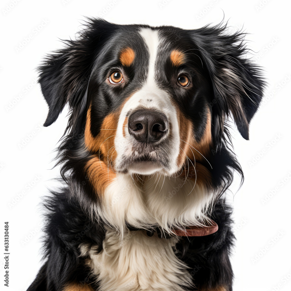 Isolated Bernese Mountain Dog Portrait with White Background - Confused Expression and Tilted Head