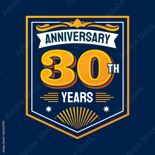Birthday badge or anniversary label, jubilee seal, party number mark. Vector shield with ribbon banner, gold crown and stars. Birthday card stamp, anniversary celebration certificate or award