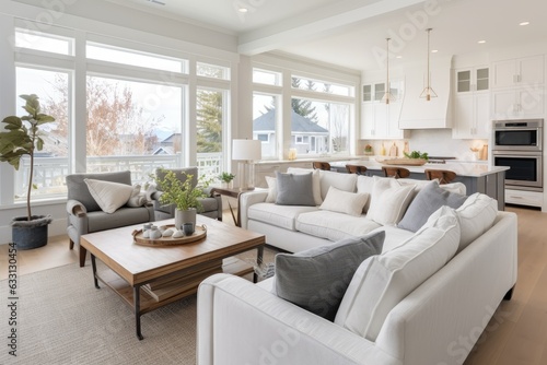 The living room in this new luxurious home is stunning and filled with natural light. It has an open concept design, making it feel spacious and inviting. From the living room, you can also see the