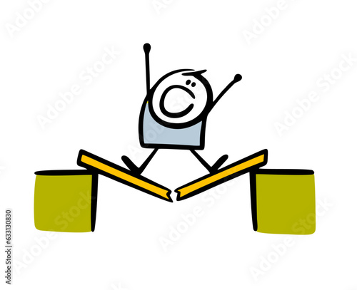 Doodle scared cartoon stickman screams in fear on a broken bridge and is afraid to fall down. Vector illustration of an unreliable path.