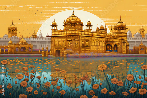 A beautiful illustration of  the golden temple. Decorative illustration of Sri Harmandir Sahib. Generative AI. photo