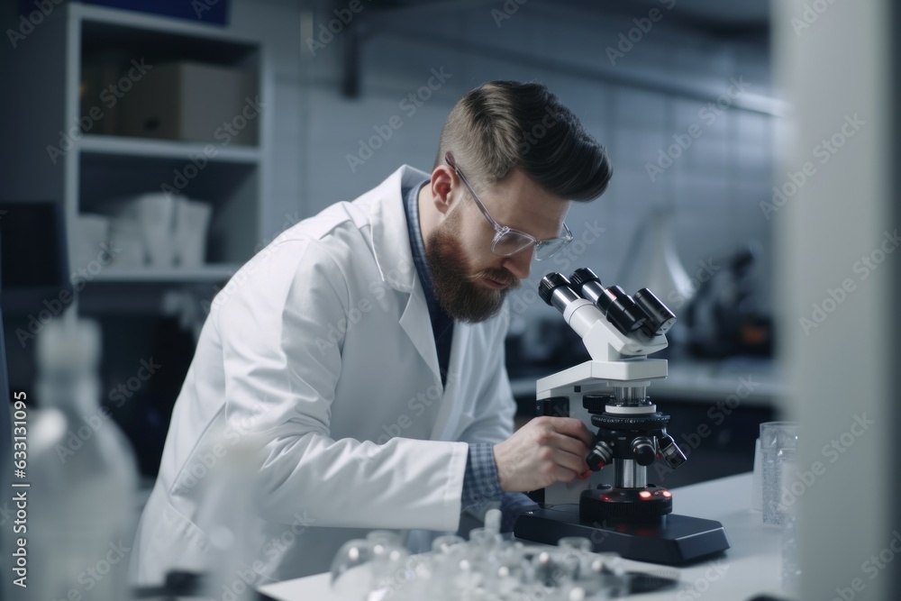 a man in a white coat studies through a microscope in a chemical laboratory or medical laboratory. science and innovation. analyses a man in a white coat studies through a microscope in a chemical laboratory or medical laboratory. science and innovation. analyses