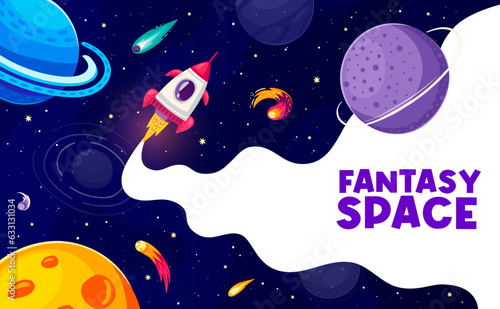 Space poster. Cartoon rocket, space planets, asteroids and comets on starry galaxy landscape vector background. Spaceship flying to fantasy universe, astronomy science, galaxy adventure and travel