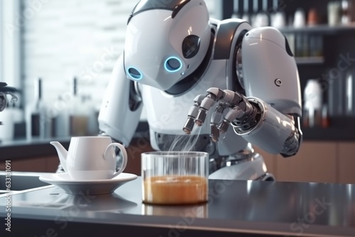 a white robot makes coffee in the kitchen. concept of robotic process automatic.future and technology. artificial intelligence